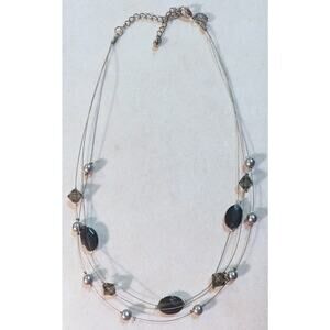 Lia Sophia Silver Tone 3 Strand Necklace Multistrand Black Gray Faceted Beads